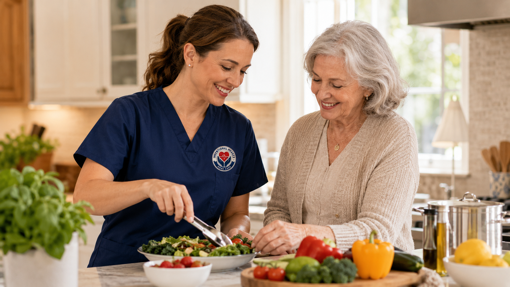 A caregiver offering warm, attentive support to a senior at home