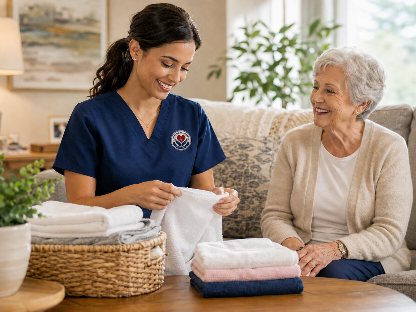 Caregiver providing friendly companion support and conversation at home