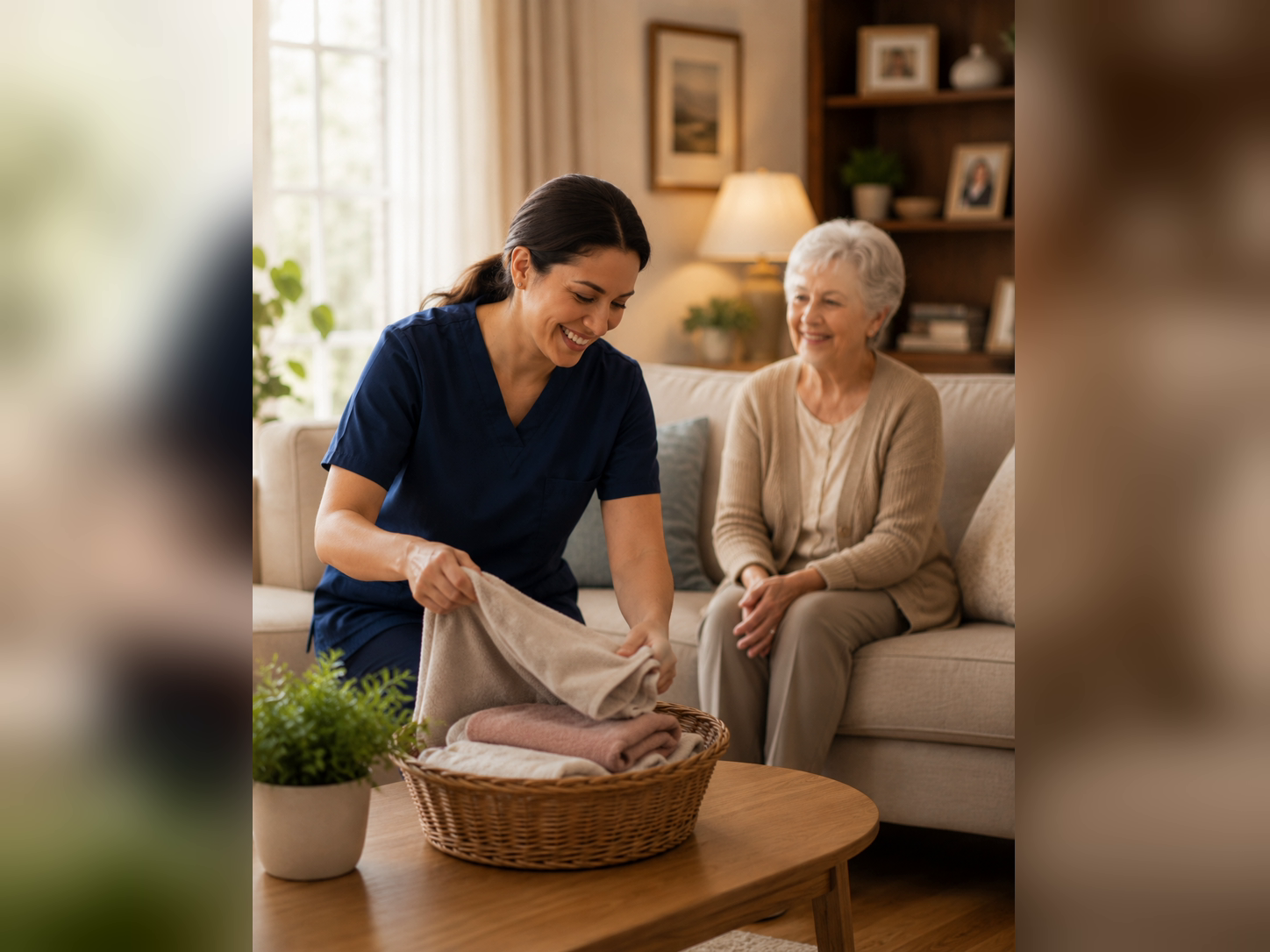 Caregiver maintaining a clean, comfortable living environment for senior